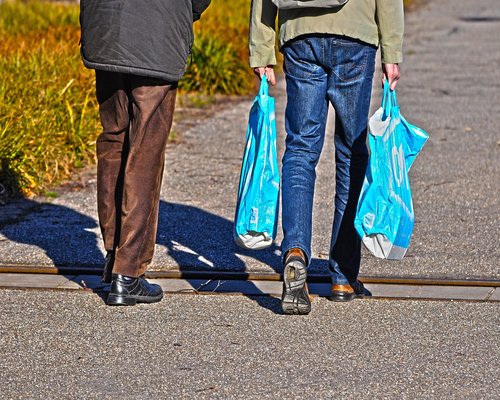 Details of a person carrying grocery bags
